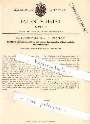 Original Patent - Dr. Eugen Müller in Inowrazlaw / Inowroclaw , 1882 , Befestigung von Eisenbahnschienen  !!!