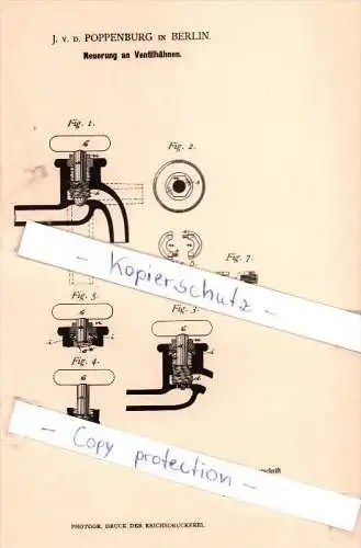 Original Patent -  J. v. d. Poppenburg in Berlin , 1882 , Neuerung an Ventilhähnen !!!