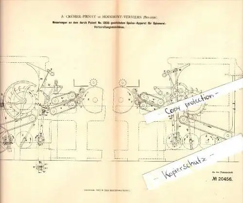 Original Patent - A. Crémer-Pirnay in Hodimont - Verviers , 1882 , Speise-Apparat für Spinnerei !!!