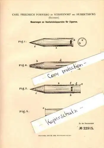 Original Patent - C.F. Forwerg in Wermsdorf b. Hubertusburg , 1882 , Handwickelapparat für Cigarren , Cigarre !!!