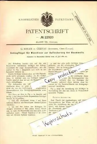 Original Patent - G. Risler à Cernay / Sennheim , 1882 , Machine pour le coton !!!