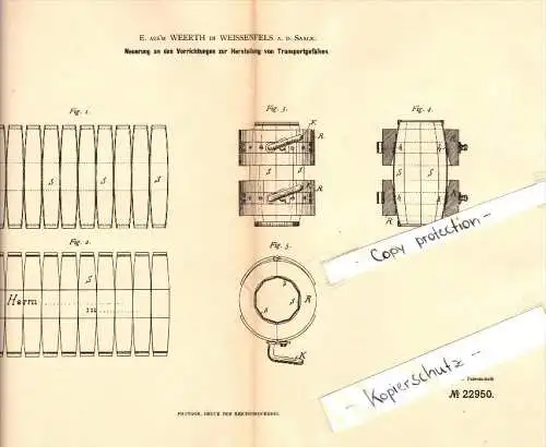 Original Patent - Ernst aus’m Weerth in Weißenfels a. Saale , 1882 , Herstellung von Transportgefäßen !!!