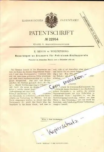 Original Patent -  R. Meyer in Woldenberg / Dobiegniew , 1882 , Brenner für Petroleum-Kochapparate !!!