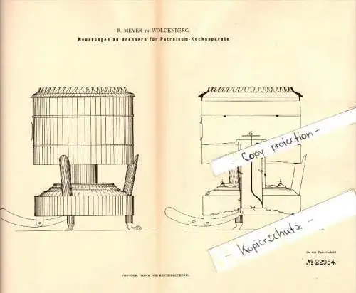 Original Patent -  R. Meyer in Woldenberg / Dobiegniew , 1882 , Brenner für Petroleum-Kochapparate !!!