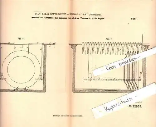 Original Patent - J.F. Bapterosses à Briare-Loiret , 1882 , Machine de plaque vitrée !!!