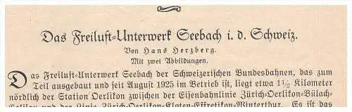 original Zeitungsbericht - 1926 - Seebach b. Zürich , Freiluft Unterwerk , E-Werk , Bundesbahn , Eisenbahn !!!