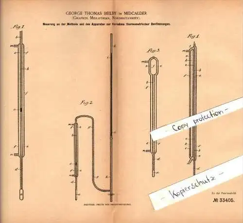 Original Patent - G.Th. Beilby in Mid Calder / Mid Cauder , 1884 , Apparatus for thermometric determination , Scotland !