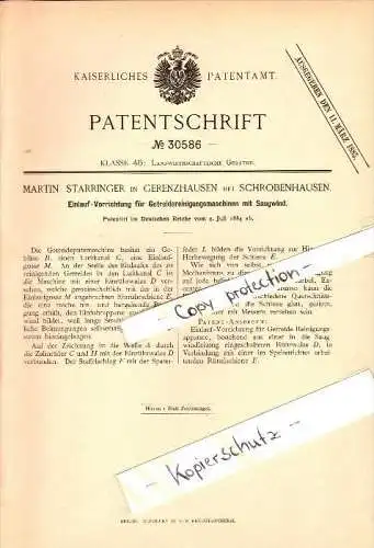 Original Patent - Martin Starringer in Gerenzhausen / Gerolsbach ,1884 , Getreide-Reinigungsmaschine , Schrobenhausen !!