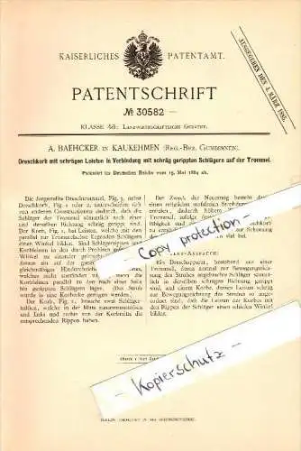 Original Patent - A. Baehcker in Kaukehmen / Jasnoje , 1884 , Dreschkorb , Gumbinnen , Kuckerneese , Russland !!!