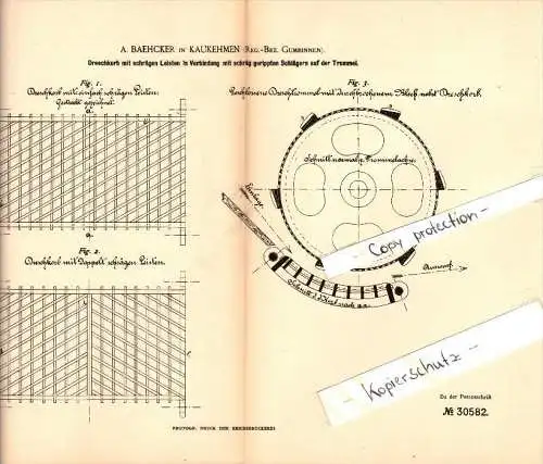 Original Patent - A. Baehcker in Kaukehmen / Jasnoje , 1884 , Dreschkorb , Gumbinnen , Kuckerneese , Russland !!!