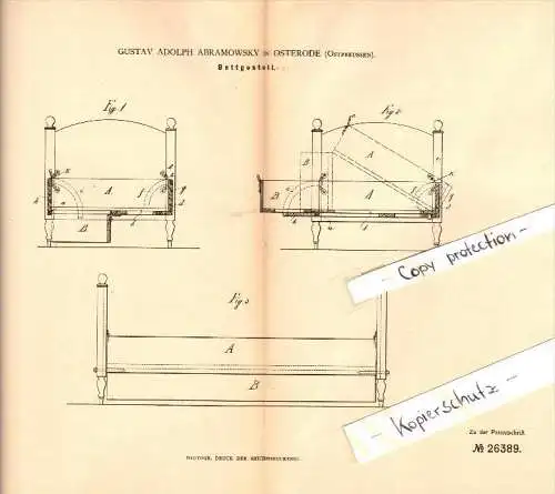 Original Patent - G. Abramowsky in Osterode / Ostróda i. Ostpreussen , 1883 , Bettgestell , Bett !!!