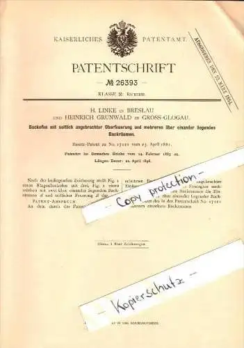 Original Patent - Heinrich Grunewald in Glogau , 1883 , Backofen mir Feuerung , Bäckerei , H. Linke in Breslau , Glogow