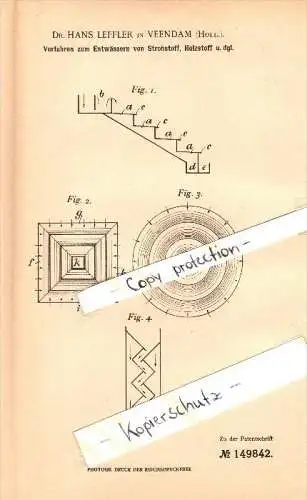 Original Patent - Dr. Hans Leffler in Veendam , 1903 , Entwässern von Strohstoff , Groningen !!!