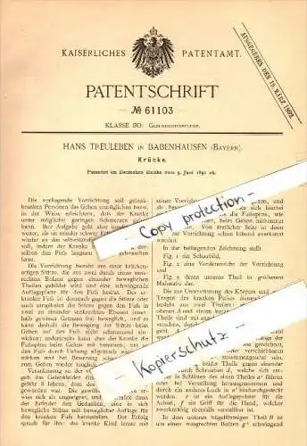 Original Patent - Hans Treuleben in Babenhausen , Bayern , 1891 , Krücke , Orthopädie , Gehhilfe !!!