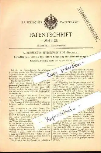 Original Patent - A. Bliefert in Hohenwestedt , Holstein , 1891 , Kupplung für Eisenbahn !!!