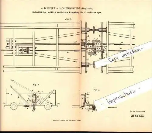 Original Patent - A. Bliefert in Hohenwestedt , Holstein , 1891 , Kupplung für Eisenbahn !!!