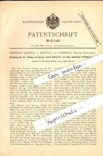 Original Patent - Heinrich Barwig in Kriptau / Krzeptów b. Schmolz / Smolec , 1890, Apparat für Zuckerfabrik , Schlesien