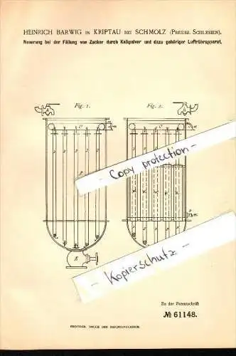 Original Patent - Heinrich Barwig in Kriptau / Krzeptów b. Schmolz / Smolec , 1890, Apparat für Zuckerfabrik , Schlesien