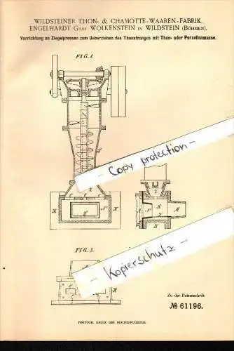 Original Patent - Engelhardt Graf Wolkenstein in Wildstein / Skalná , 1891 , Presse für Porzellan , Böhmen !!!