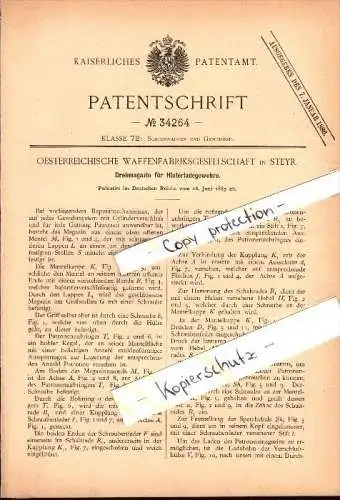 Original Patent - Österreichische Waffenfabrik in Steyr , 1885 , Drehmagazin für Hinterlader-Gewehre !!!