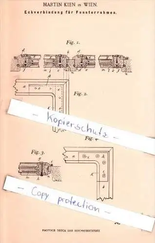 Original Patent - Martin Kien in Wien , 1898 , Eckverbindung für Fensterrahmen !!!