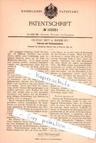 Original Patent - Gustav Beit in Hamburg , 1897 , Fahrrad mit Fußhebelantrieb !!!