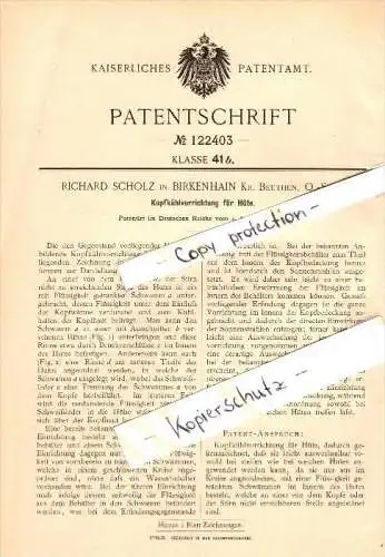 Original Patent - Richard Scholz in Birkenhain / Piekary Slaskie , 1900 , Kühlvorrichtung für Hüte , Beuthen , Schlesien