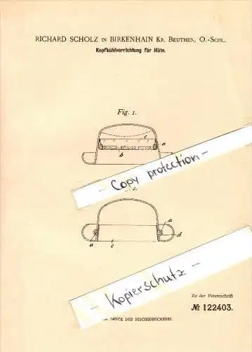 Original Patent - Richard Scholz in Birkenhain / Piekary Slaskie , 1900 , Kühlvorrichtung für Hüte , Beuthen , Schlesien