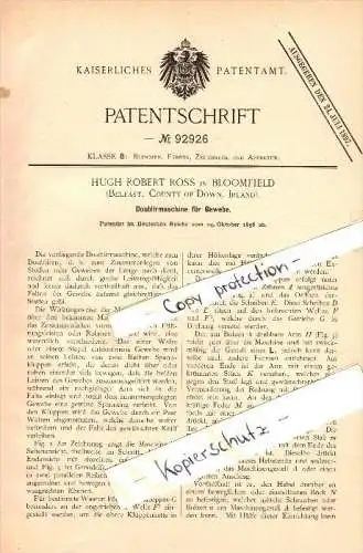 Original Patent - Hugh Robert Ross in Bloomfield , Belfast , Ireland , 1896 , machine for fabric , tissue !!!