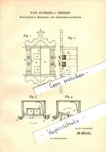 Original Patent - Karl Lehmann in Dresden , 1892 , Streichholzbehälter mit Geheimverschluß , Streichholzschachtel !!!