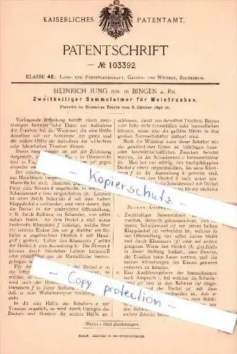 Original Patent - H. Jung jun. in Bingen a. Rh. , 1898 , Zweitheiliger Sammeleimer für Weintrauben !!!