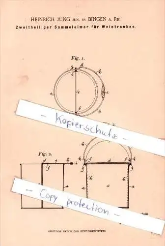 Original Patent - H. Jung jun. in Bingen a. Rh. , 1898 , Zweitheiliger Sammeleimer für Weintrauben !!!