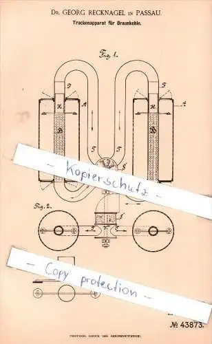 Original Patent - Dr. Georg Recknagel in Passau , 1887 ,Trockenapparat für Braunkohle !!!