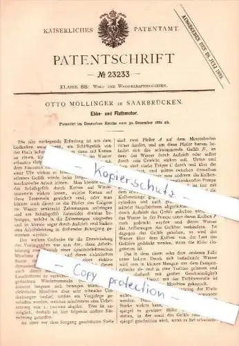 Original Patent - Otto Möllinger in Saarbrücken , 1882 , Ebbe- und Fluthmotor !!!