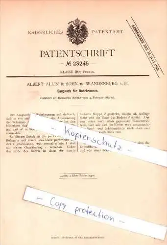 Original Patent - Albert Allin & Sohn in Brandenburg a. H. , 1883 , Saugkorb für Rohrbrunnen !!!