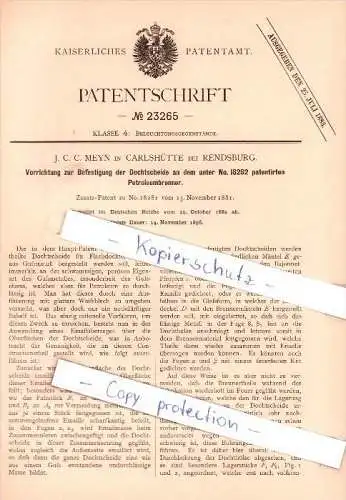 Original Patent - J. C. C. Meyn in Carlshütte bei Rendsburg , 1882 , Befestigung der Dochtscheide !!!