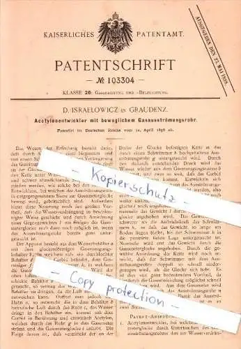 Original Patent - D. Israelowicz in Graudenz / Grudziadz , 1898 , Acetylenentwickler mit Gasausströmungsrohr !!!