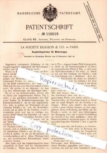 Original Patent - La Societe Diligeon & Co. à Paris , 1898 , Boîte de vitesses pour véhicules automobiles !!!