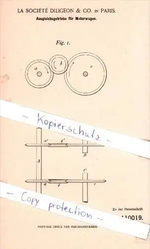 Original Patent - La Societe Diligeon & Co. à Paris , 1898 , Boîte de vitesses pour véhicules automobiles !!!