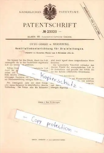 Original Patent - O. Giseke in Merseburg , 1882 ,  Ventilationseinrichtung für Drainleitungen !!!