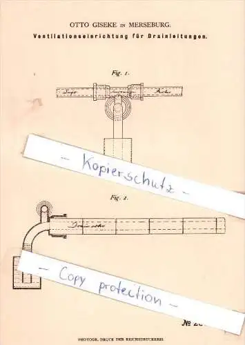 Original Patent - O. Giseke in Merseburg , 1882 ,  Ventilationseinrichtung für Drainleitungen !!!