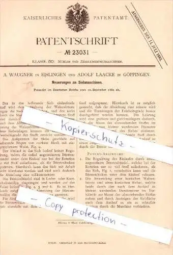 Original Patent - A. Waugner in Eislingen und A. Laacke in Göppingen , 1882 , Mühlen !!!