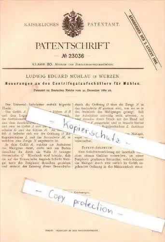 Original Patent - L. E. Mühlau in Wurzen , 1882 , Neuerungen an den Centrifugalaufschüttern  !!!