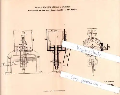 Original Patent - L. E. Mühlau in Wurzen , 1882 , Neuerungen an den Centrifugalaufschüttern  !!!