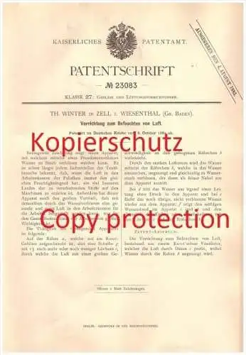 Original Patent - Th. Winter in Zell i. Wiesenthal , Gr. Baden , 1882 , Befeuchten von Luft  !!!