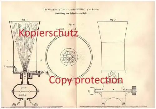 Original Patent - Th. Winter in Zell i. Wiesenthal , Gr. Baden , 1882 , Befeuchten von Luft  !!!