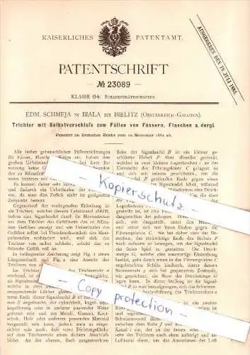 Original Patent - Edm. Schmeja in Biala bei Bielitz , Oesterreich-Galizien , 1882 , Trichter  !!!