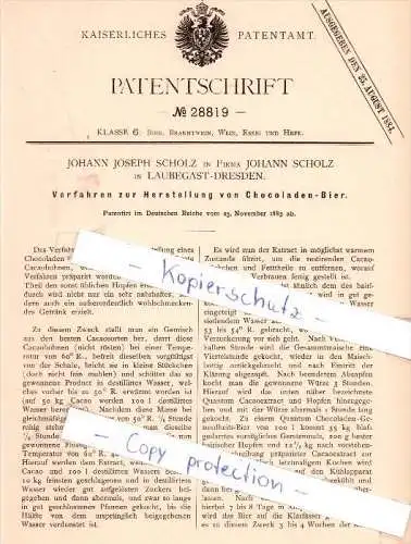 Original Patent - Johann Scholz in Laubegast-Dresden , 1883 , Chocoladen-Bier , Brauerei , Bier , Alkohol , Schokolade