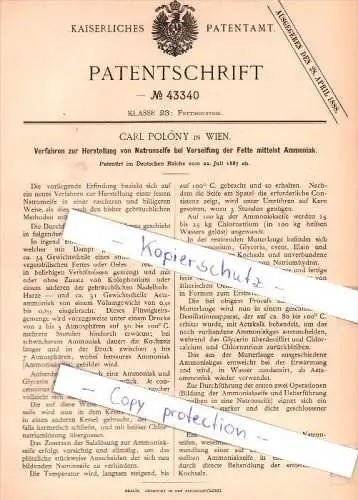 Original Patent - Carl Polony in Wien , 1887 , Herstellung von Natronseife !!!