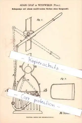 Original Patent - A. Graf in Winnweiler , Pfalz , 1885 , Hebepumpe mit Kolben ohne Saugventil !!!